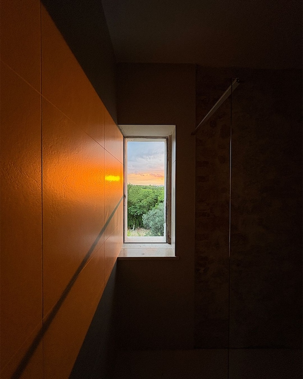A room with a window, a towel rack, and a wall with a textured pattern.