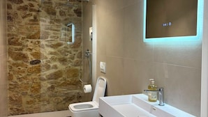 A modern bathroom with a stone wall, a shower, a toilet, and a vanity with a mirror. - Tenuta Ferrante Relais (Abruzzo)
