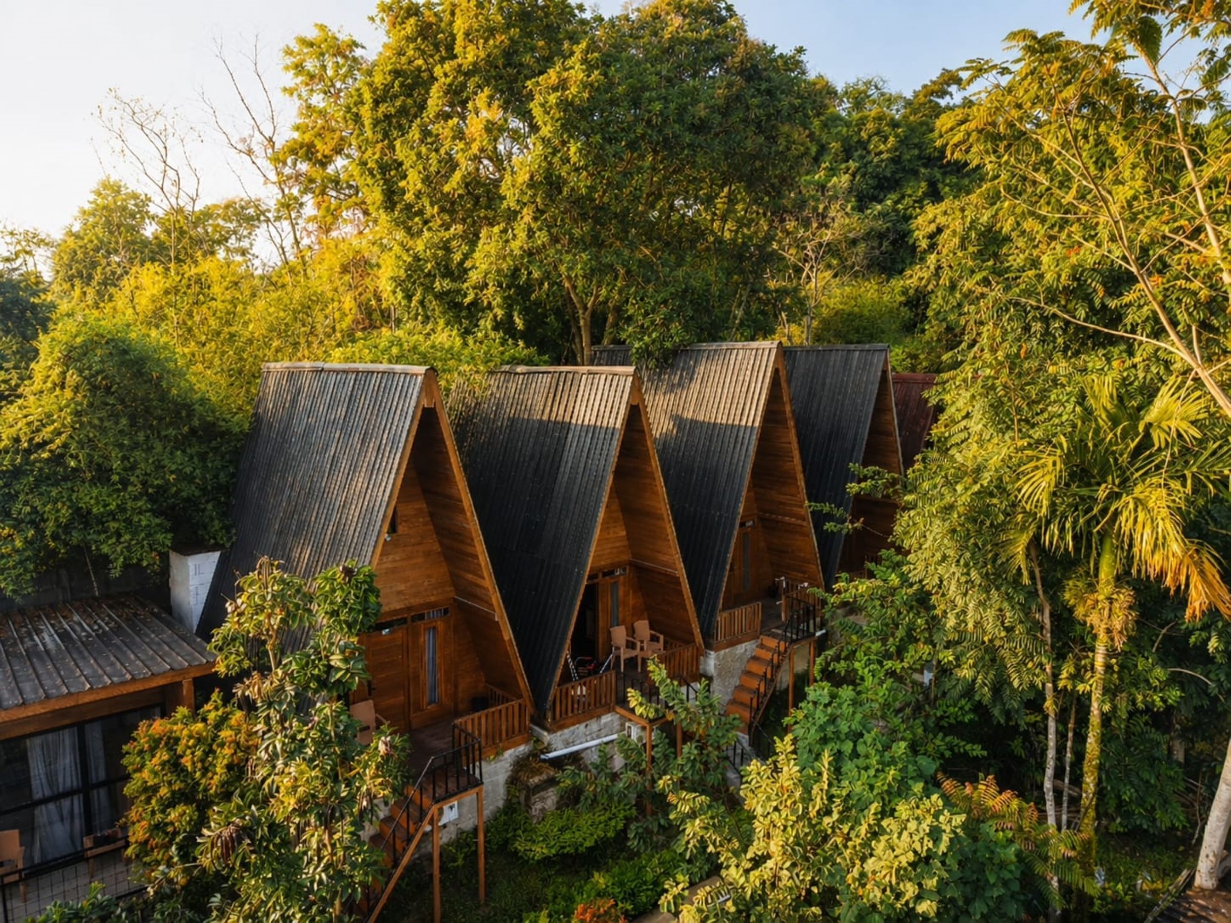 A row of wooden cabins with sloped roofs, surrounded by dense foliage.