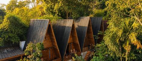 A row of wooden cabins with sloped roofs, surrounded by dense foliage.
