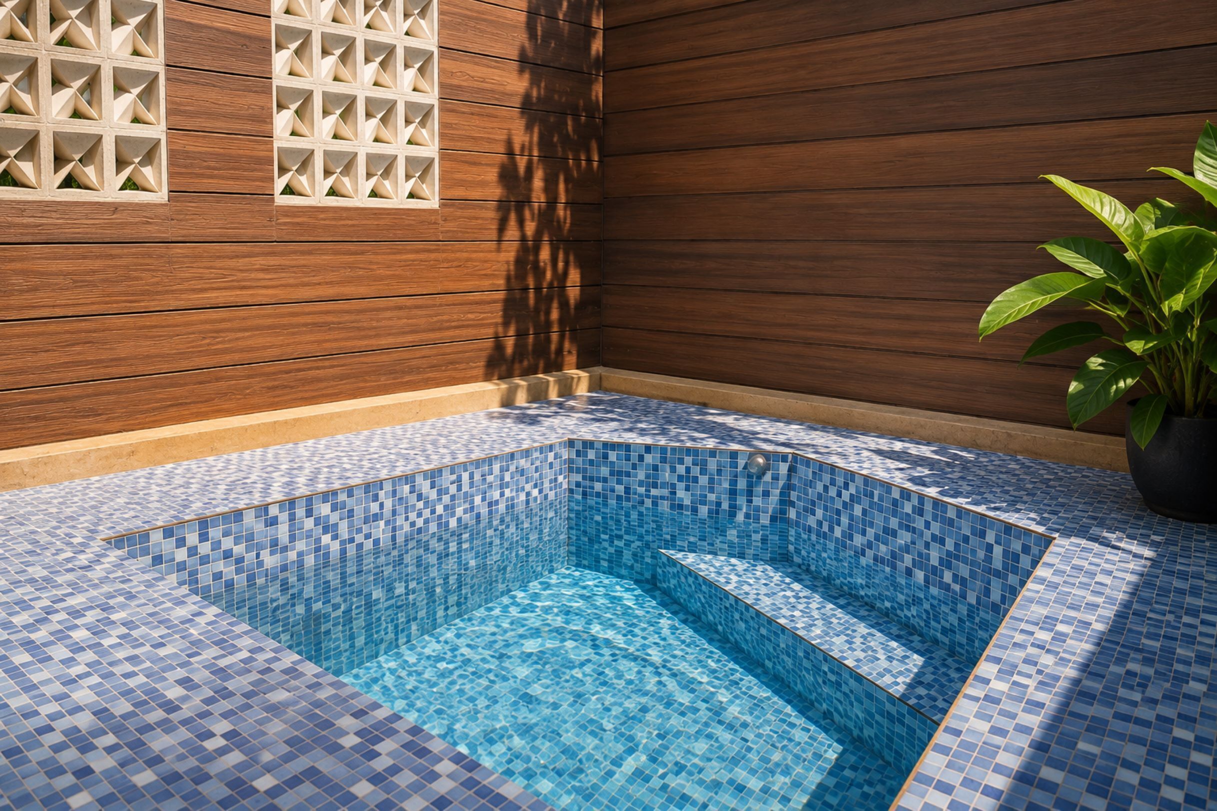 Una piscina amb mosaics blaus, parets de panells de fusta i una planta en test.