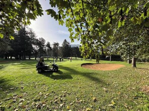 Ein Golfplatz mit Golfwagen, Bäumen und blauem Himmel.