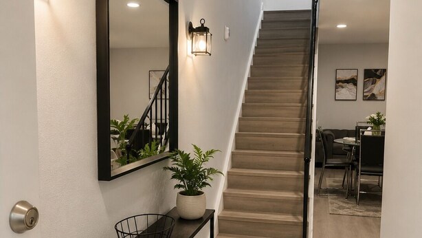 Un pasillo moderno con una escalera, una consola con plantas y luces en la pared.