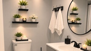 Un baño moderno con inodoro, lavamanos y espejo. Hay plantas en estantes y una alfombra negra en el suelo.
