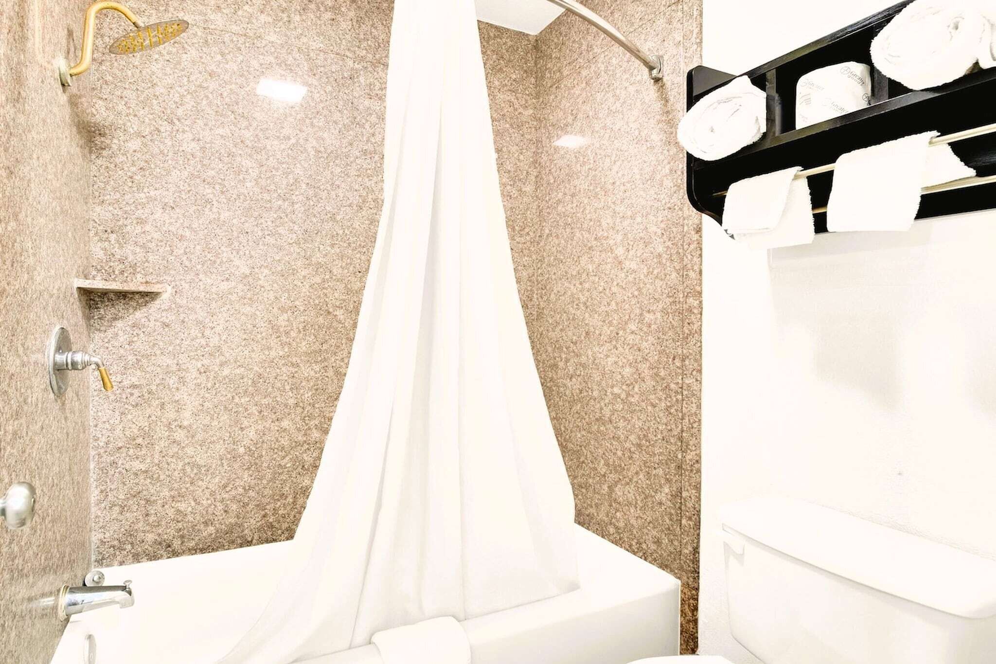 Un bagno con doccia, servizi igienici e porta asciugamani.