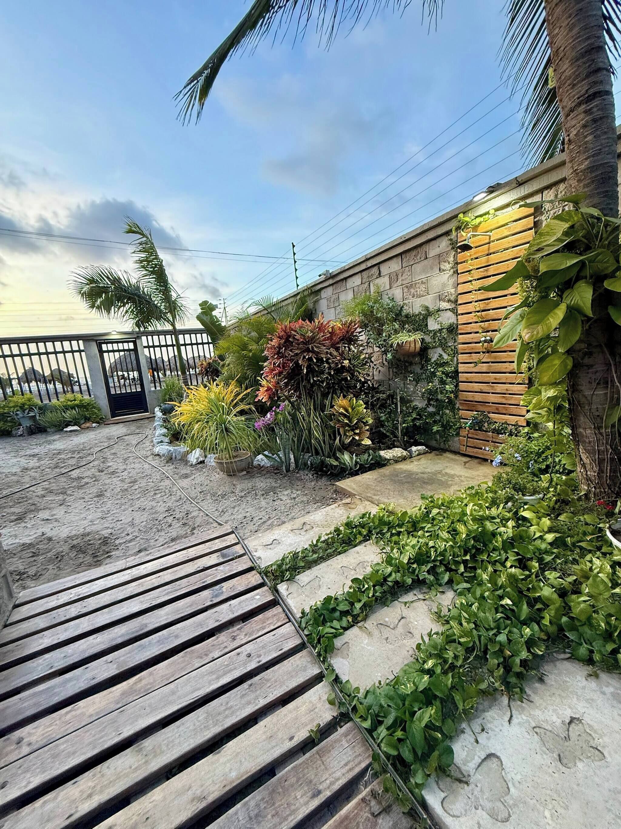 Une terrasse en bois, un chemin en béton et une variété de plantes et d’arbustes.