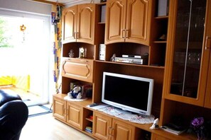 Smart-TV, DVD-Player, Bücher, Stereoanlage