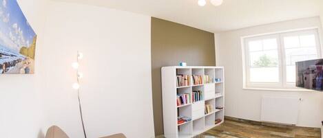 Smart TV, fireplace, DVD player, books