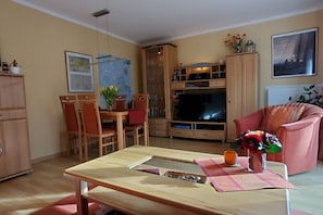 Smart-TV, DVD-Player, Bücher, Stereoanlage