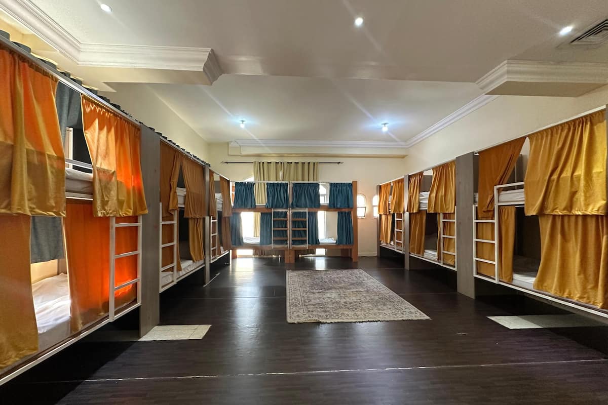 A hotel room with bunk beds, a large rug, and a view of the street.