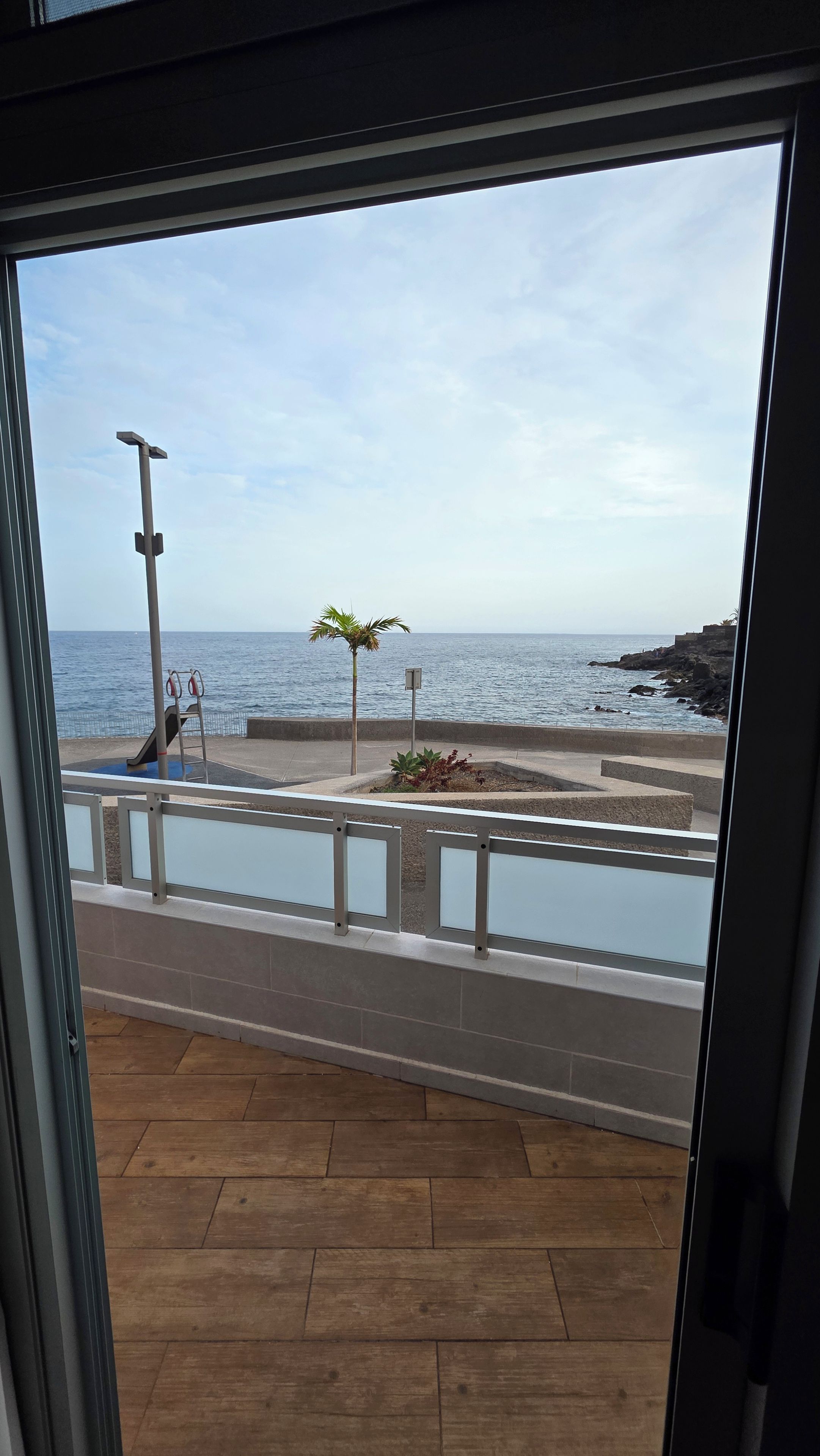 Ein Balkon mit Blick auf das Meer, eine Palme und eine Metallkonstruktion.