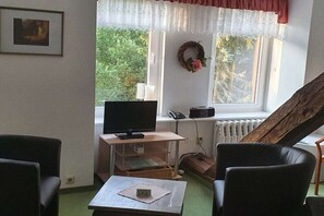 A living room with a television, a fireplace, a window with a view of greenery, and a framed picture on the wall. - Holiday apartment in Thale with swimming pool (Thale)