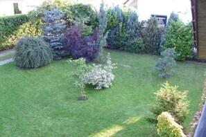 A well-maintained garden with various shrubs and a lawn. - Holiday apartment with 1 bedroom (Kaltenhof)