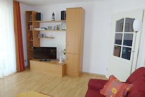 Smart-TV, DVD-spiller, bøker og stereoanlegg