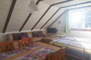 Ein gemütliches Dachzimmer mit einer Couch, einem Bett, einem Fernseher und einem Esstisch.