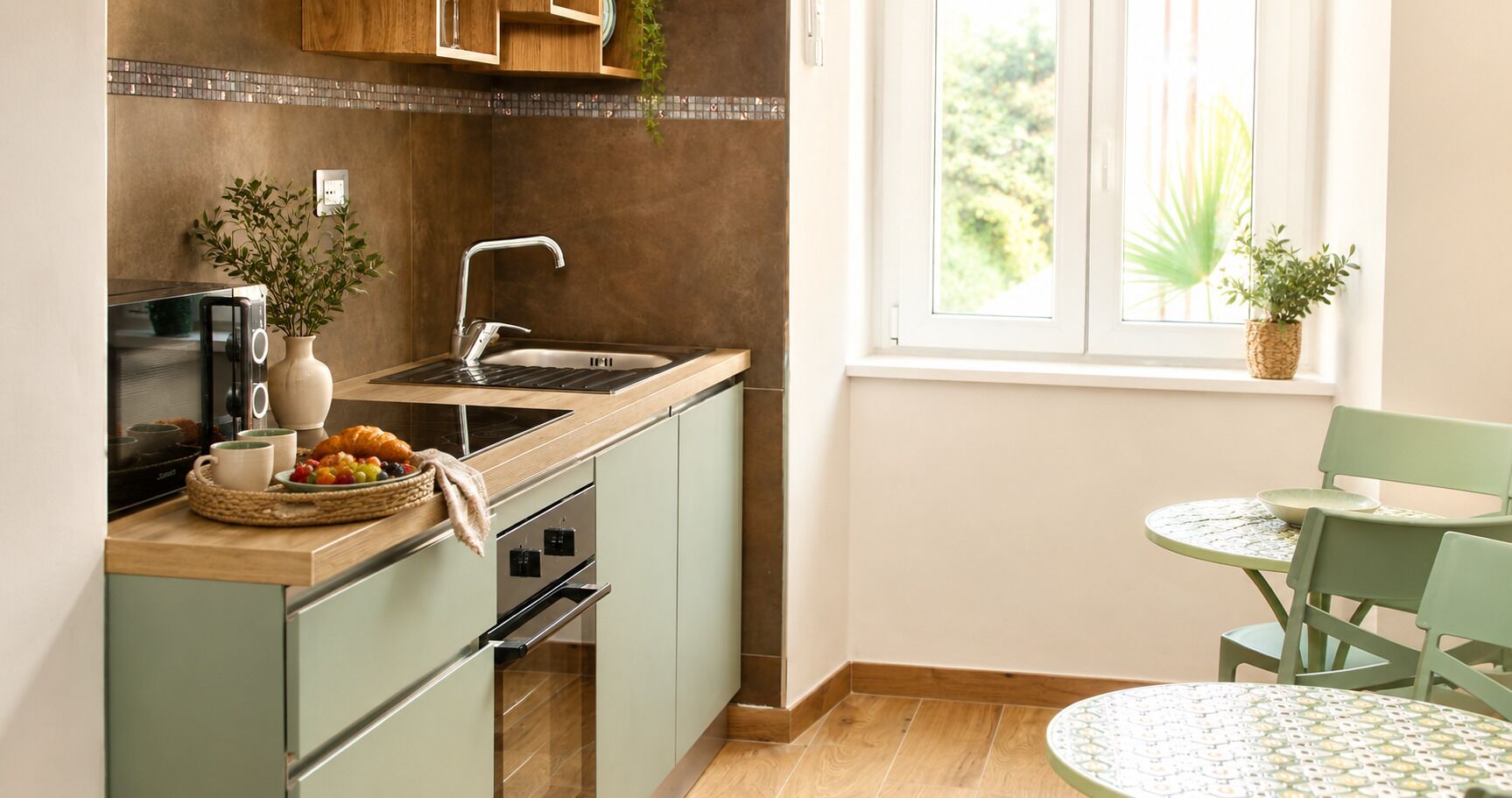 Full-size fridge, microwave, oven, cookware/dishes/utensils