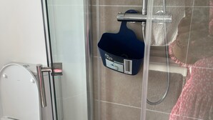 Ein Duschkabine mit Glaswänden, eine Handbrause, eine blaue Seifenschale und eine Toilette links davon.