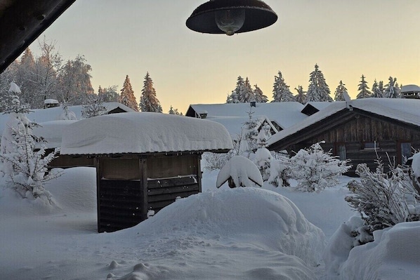 A snow-covered wooden cabin with a sloped roof, surrounded by trees and a clear sky.
