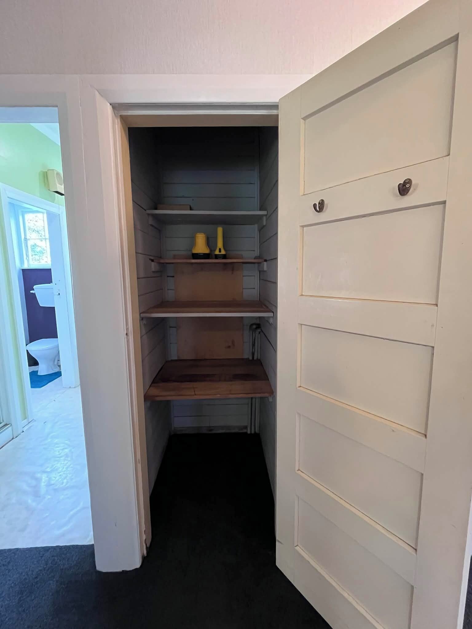 Un pasillo estrecho que conduce a un armario con estantes y una puerta.