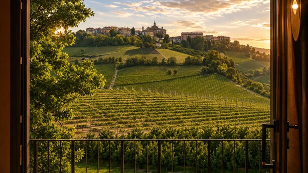 Ein Weinberg mit Reihen von Weinreben und einer Stadt im Hintergrund.