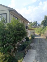 A residential building with a paved driveway and a tree in the foreground.