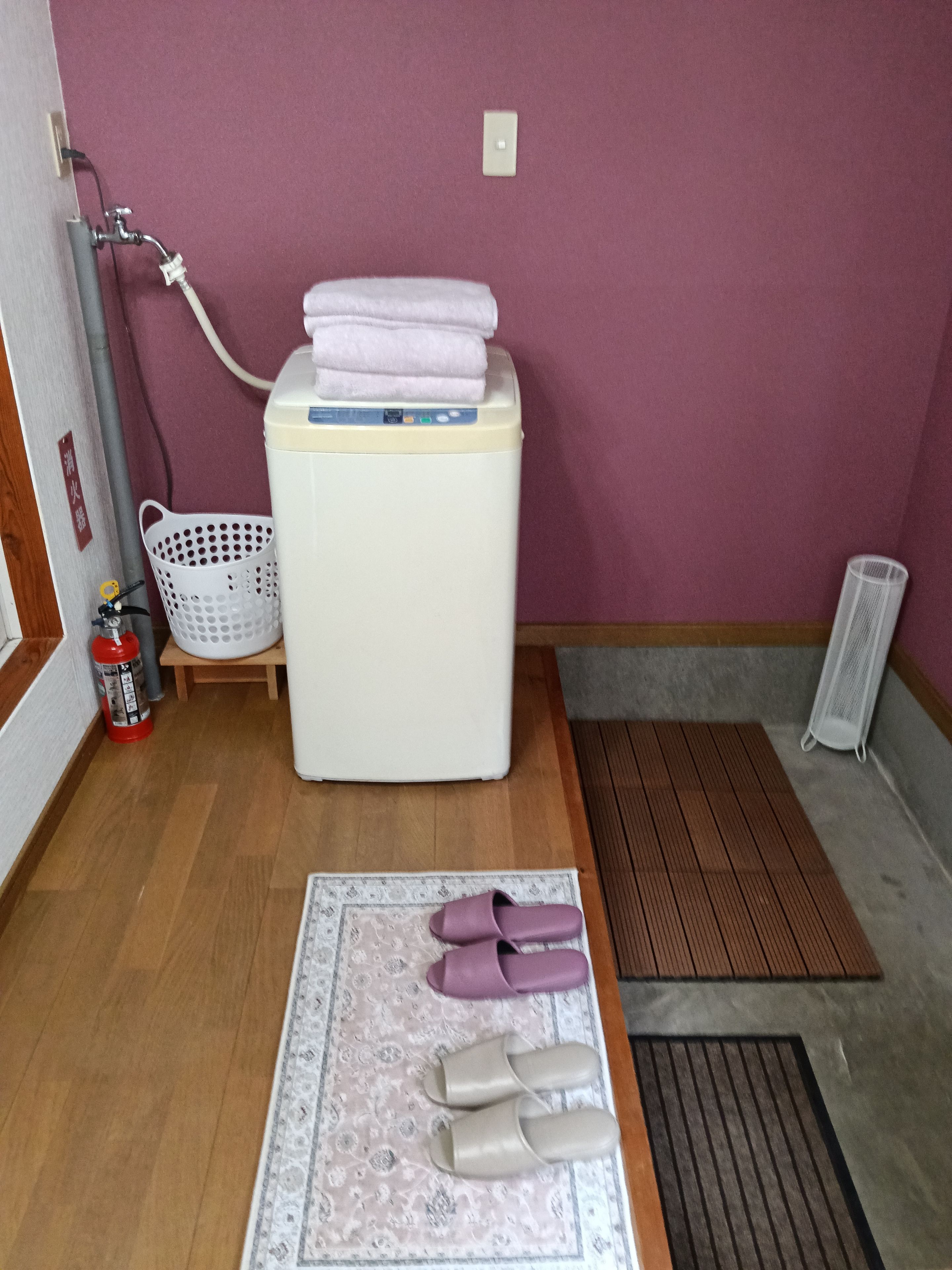 Una habitación con lavadora, extintor, felpudo y pantuflas sobre una alfombra.