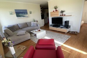 Smart-TV, DVD-Player, Bücher, Stereoanlage