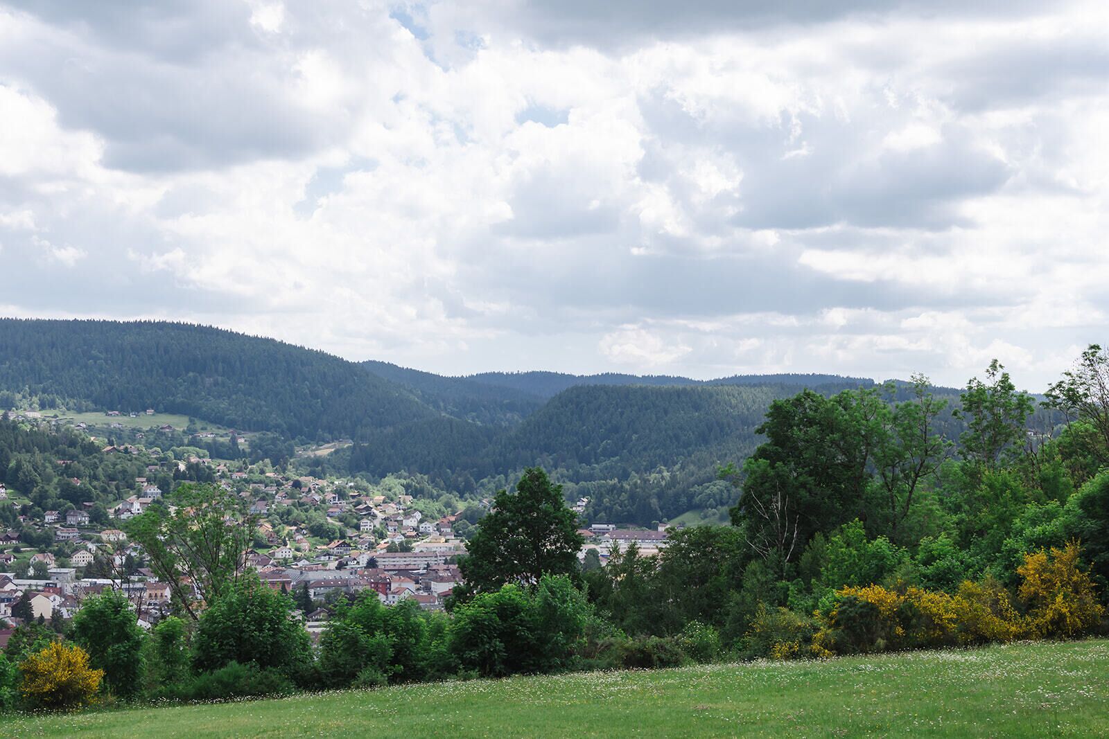 A town nestled in a valley with a backdrop of forested hills.