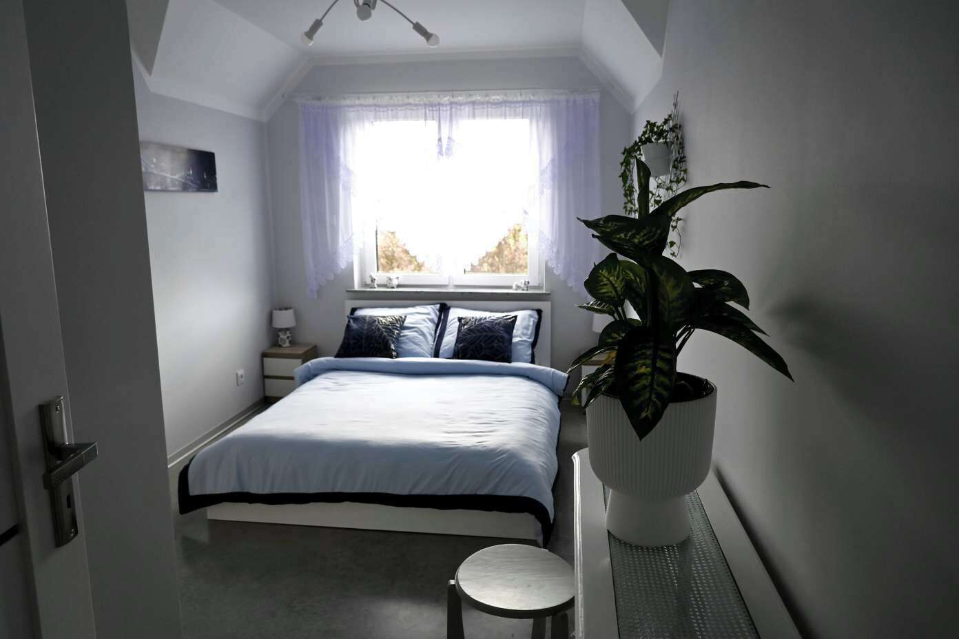 A bedroom with a bed, a bedside table, a nightstand, a window with curtains, and a potted plant.
