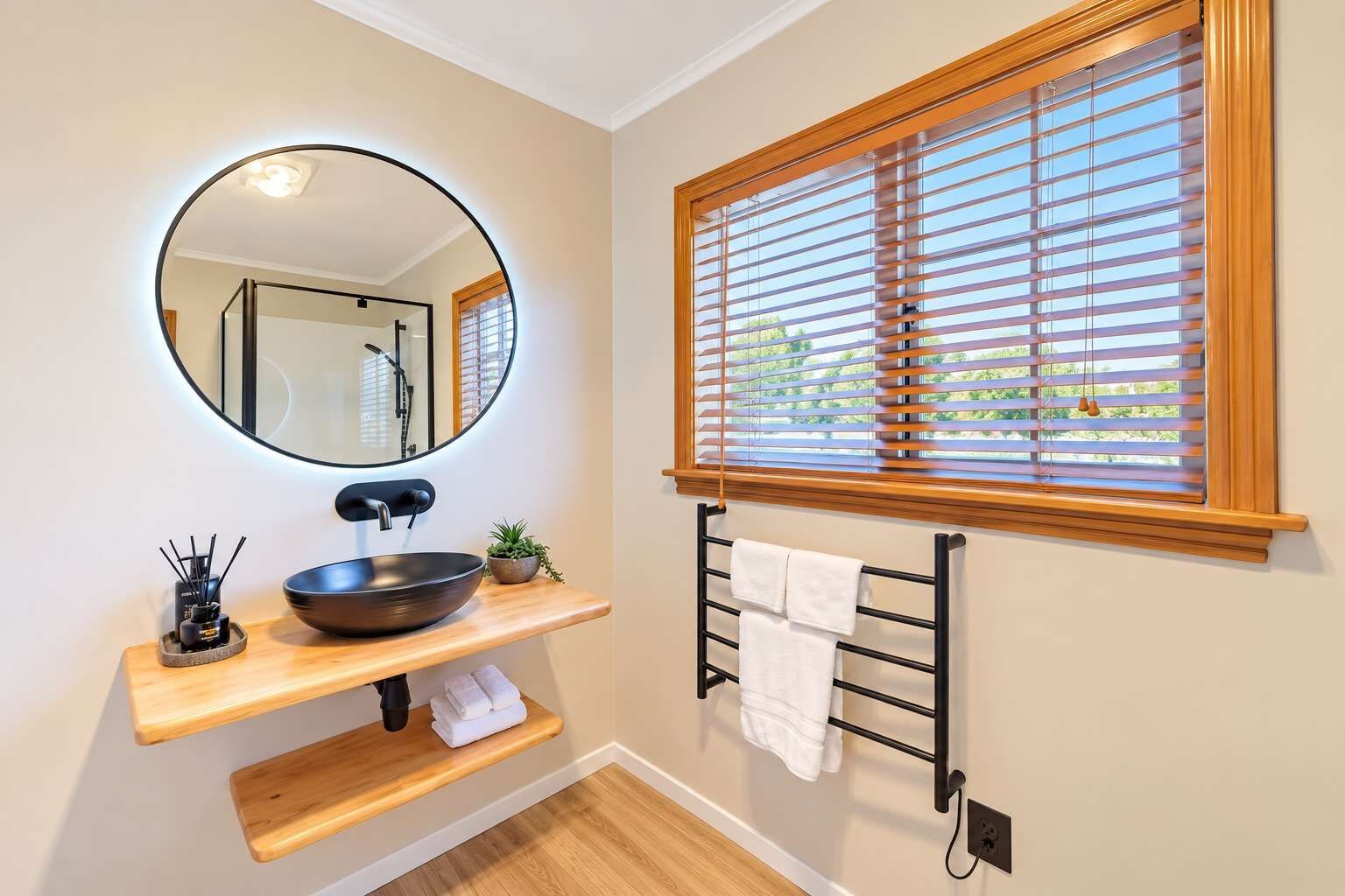 A bathroom with a round mirror, a black vessel sink, a towel rack, and a window with blinds.
