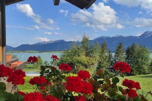 Blick auf einen See mit Bergen im Hintergrund und roten Blumen im Vordergrund, unter einem klaren Himmel.