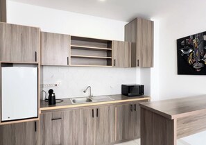 Comfort appartement, uitzicht op stad | Privékeuken | Een mini-koelkast, een magnetron, een kookplaat