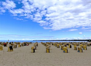 Una spiaggia con file di cassette postali gialle.