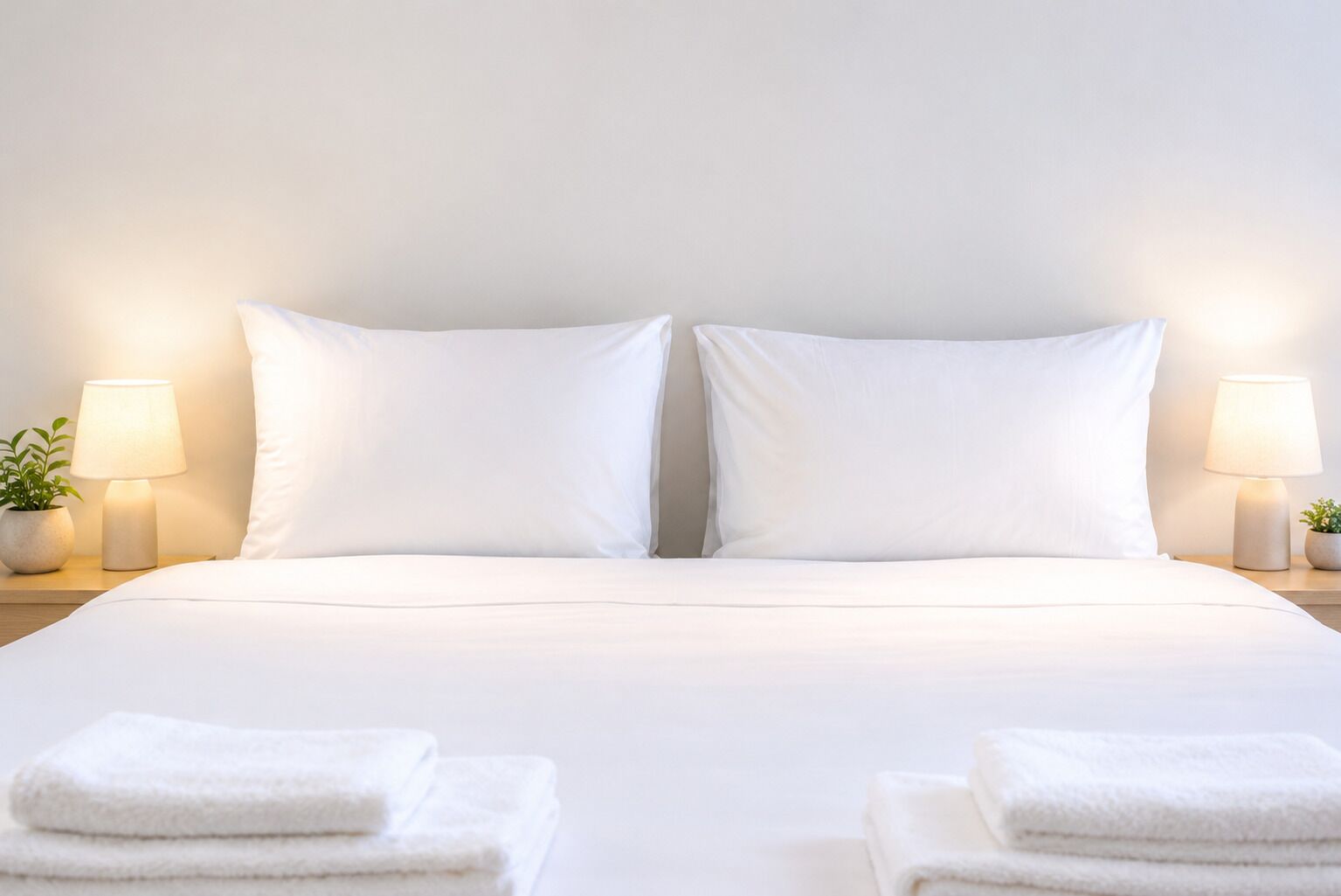 Una cama bien hecha con sábanas blancas, dos lámparas de noche y dos toallas dobladas sobre la mesita de noche.