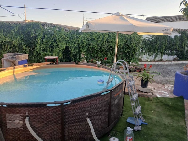 An outdoor swimming pool with a ladder, surrounded by greenery and a patio area.