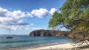 Una playa con un bote, costa rocosa y un árbol.