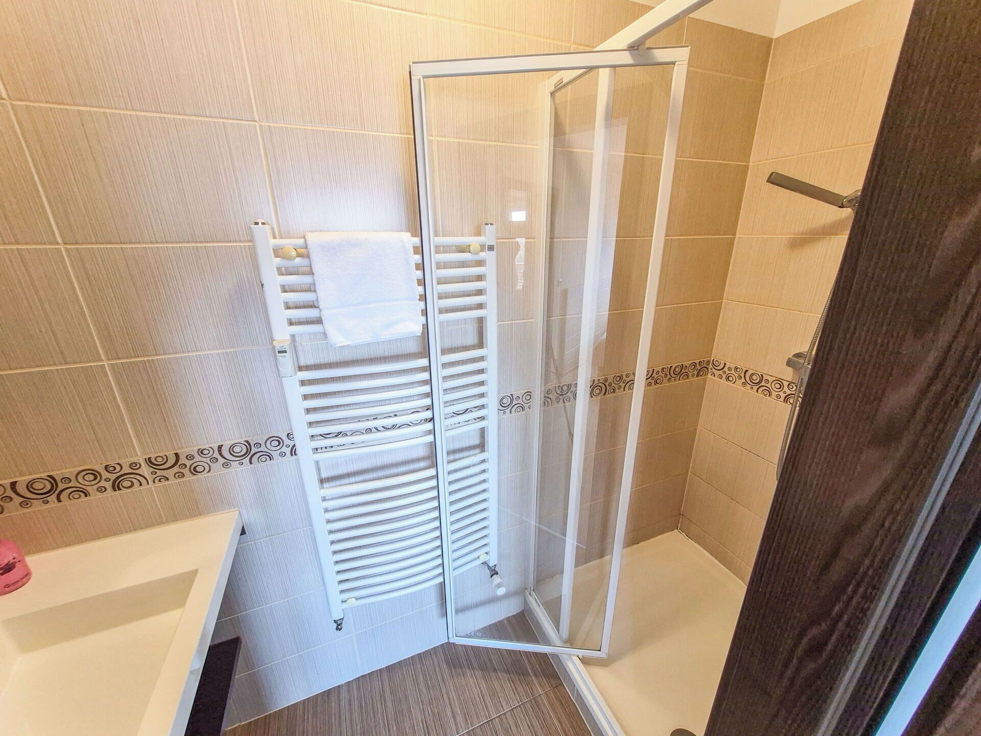 A shower area with a glass door, a white towel rack, and a showerhead.
