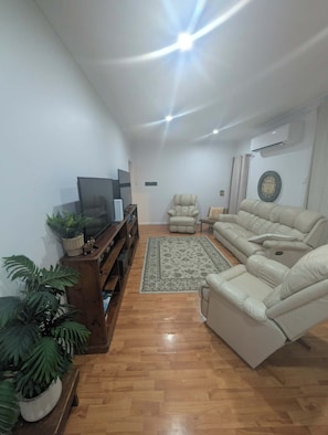 A living room with a sofa, TV, wooden entertainment unit, and potted plants.