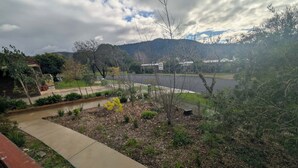 A landscaped garden with a pathway, a small pond, and a view of a hill with buildings in the background.