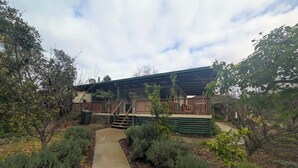 A covered outdoor area with a wooden deck, a concrete pathway, and various shrubs.