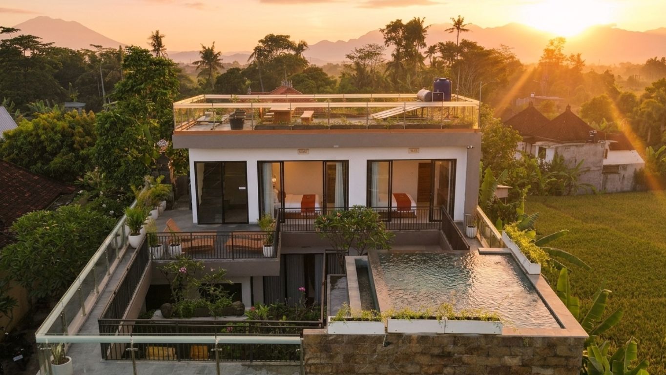 A modern two-story house with a rooftop terrace, a swimming pool, and a view of the surrounding landscape.
