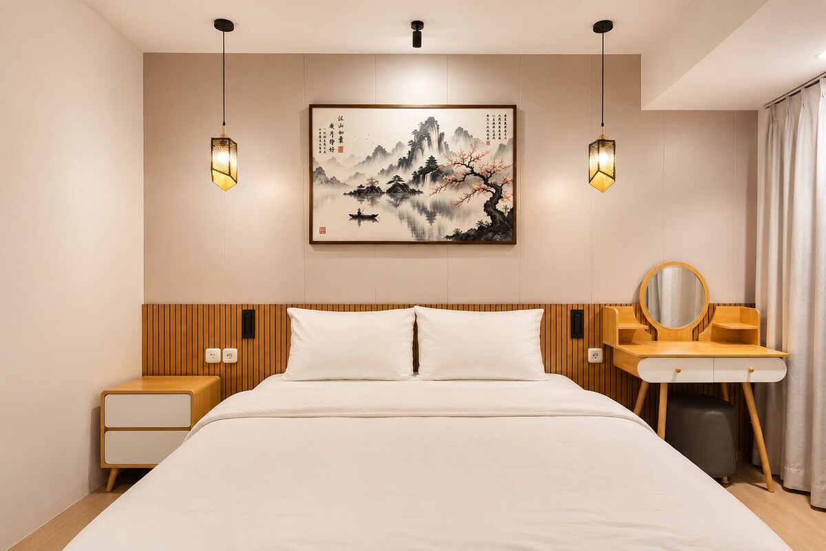 A modern hotel room with a large bed, wooden headboard, bedside tables, a desk with a mirror, and a wall-mounted painting.