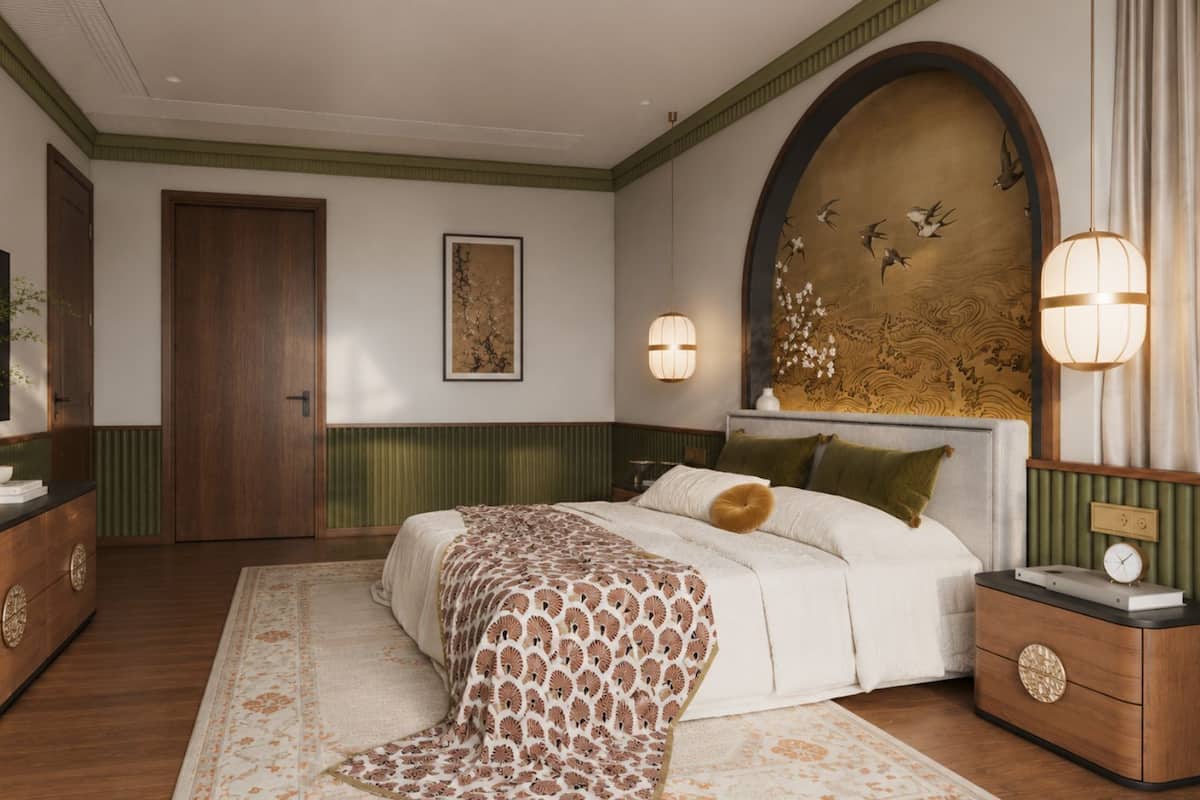 Un dormitorio con una cama grande, un aparador, un televisor y un cuadro en la pared.