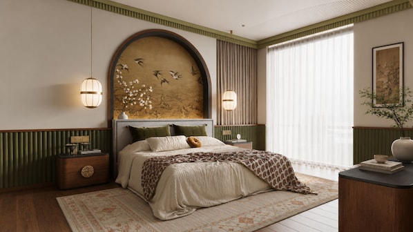 Un dormitorio con una cama grande, dos mesitas de noche, un reloj de pared, una obra de arte enmarcada y una ventana con cortinas.