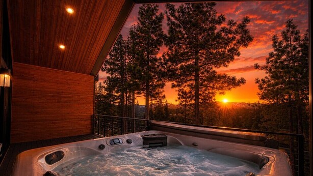 A hot tub with a view of a sunset and trees. - Firework Views from the Private Hot Tub, Luxury Sierra Colina Retreat (SC109) (Stateline)