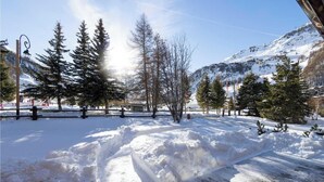 Ett snötäckt utomhusområde med träd och ett berg i bakgrunden.