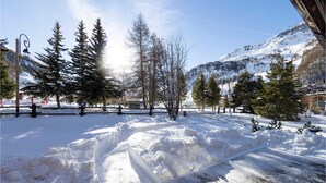 Schneebedeckte Landschaft mit Bäumen und einem Berg im Hintergrund.
