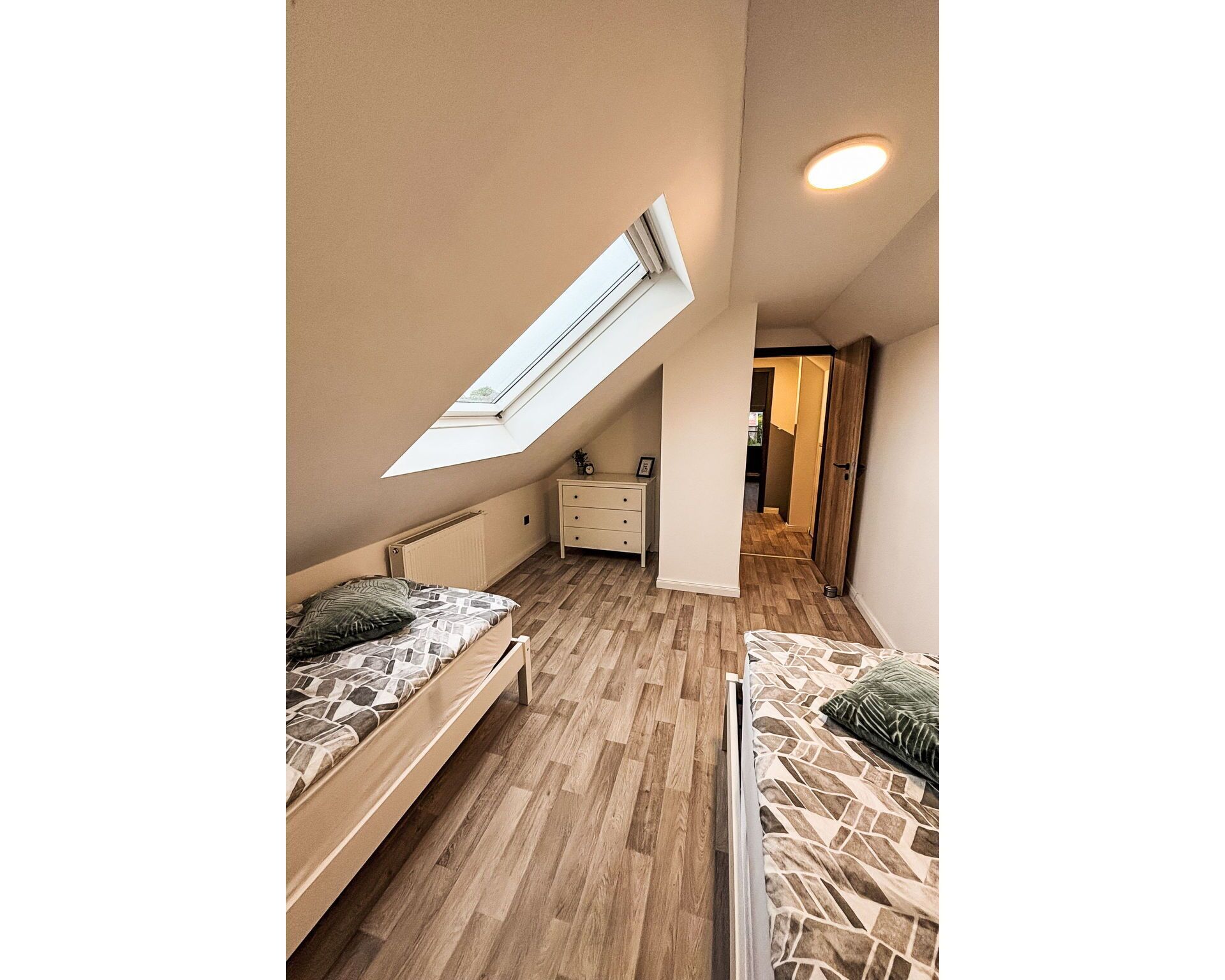 Bedroom, Bed, Floor, Flooring, Interior Design, Wood, Furniture, Ceiling, Bedding, Room