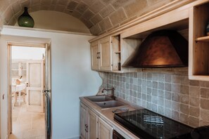 A kitchen with a stone backsplash, wooden cabinets, and a built-in oven. - Villa [2 suites] 5 minutes from the sea | air conditioning | garden | BBQ | outdoor shower (Diso)