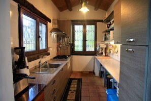 Eine Küche mit Herd, Spüle und Kühlschrank, Holzschränken und einem Fenster mit Blick.